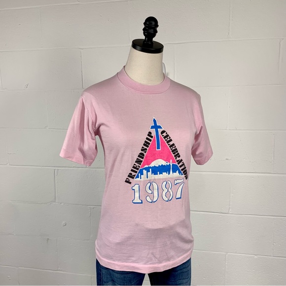Vintage 1987 Pink Seattle Christian Youth T-Shirt Single Stitch Screen Star S - Picture 3 of 14